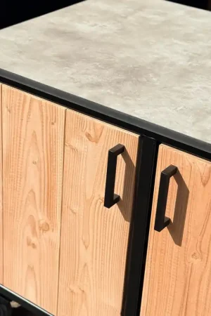 Beperkte Voorraad Buitenkeuken Douglas en staal met opbergkast en Beige HPL werkblad - Lengte 180 cm